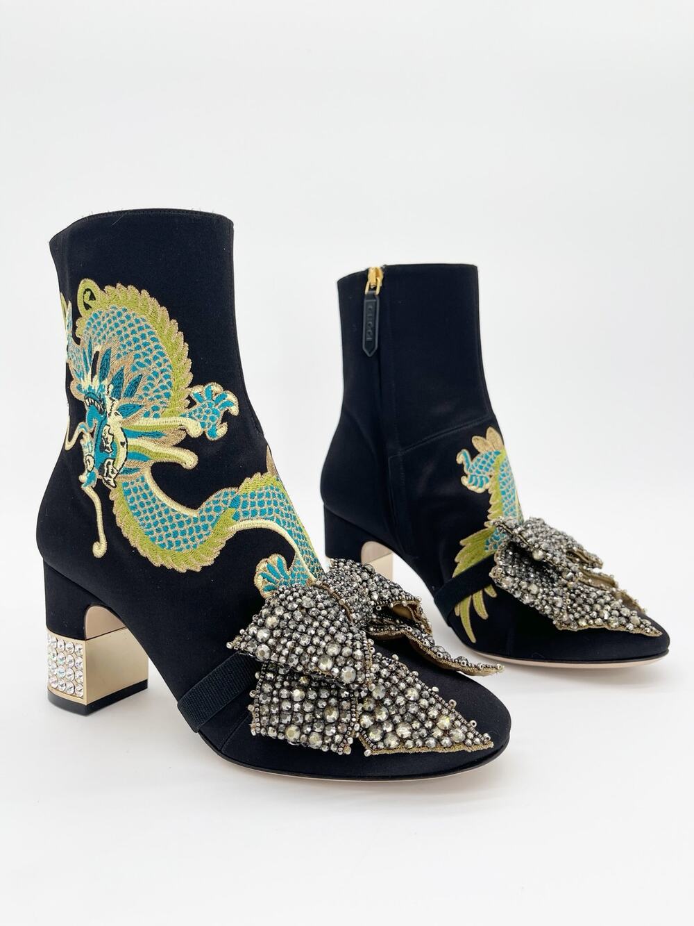 Gucci 2017 Black Candy Dragon Crystal Bow Satin Embroidered Ankle Boots EU 37.5